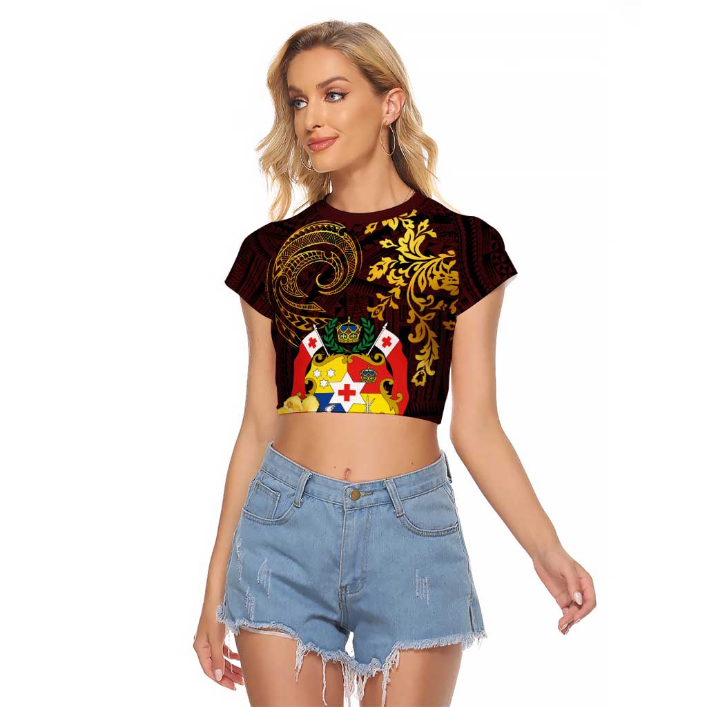 Tonga Ngatu and Hibiscus with Polynesian Tattoo Raglan Cropped T Shirt Gold and Oxblood Color LT03 Female Oxblood - Polynesian Pride
