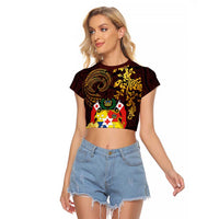 Tonga Ngatu and Hibiscus with Polynesian Tattoo Raglan Cropped T Shirt Gold and Oxblood Color LT03 Female Oxblood - Polynesian Pride