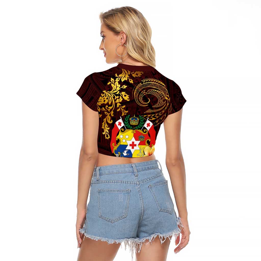 Tonga Ngatu and Hibiscus with Polynesian Tattoo Raglan Cropped T Shirt Gold and Oxblood Color LT03 - Polynesian Pride