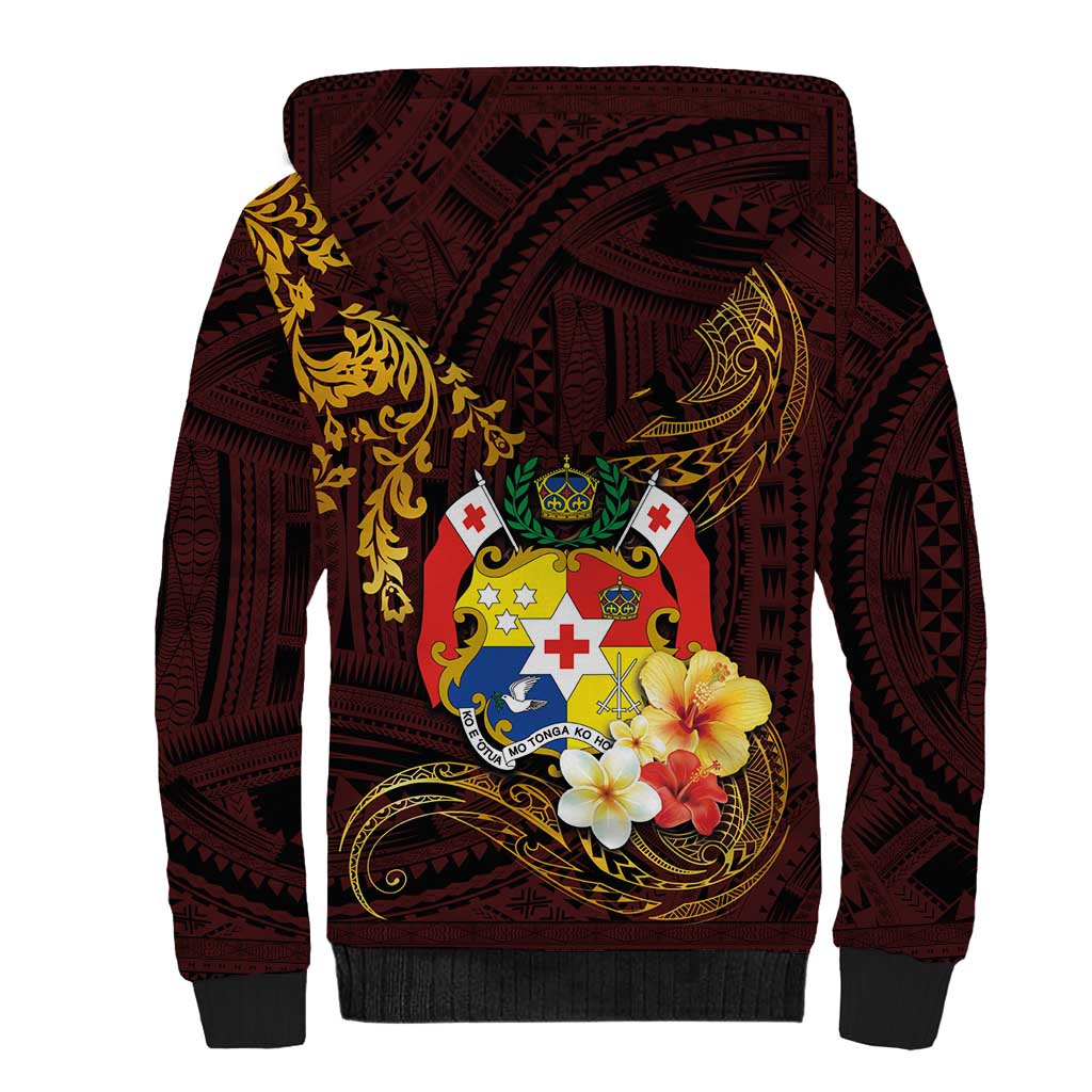 Tonga Ngatu and Hibiscus with Polynesian Tattoo Sherpa Hoodie Gold and Oxblood Color LT03 - Polynesian Pride