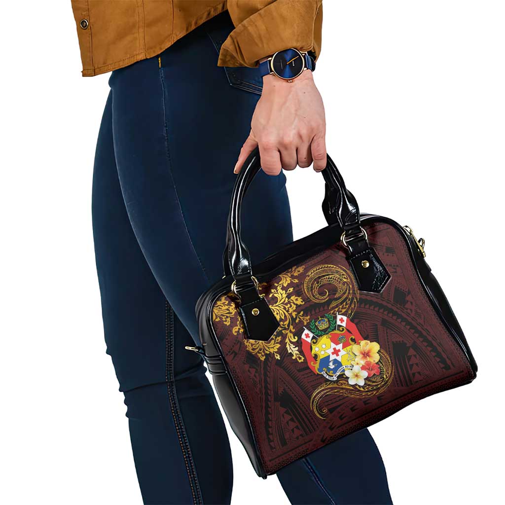 Tonga Ngatu and Hibiscus with Polynesian Tattoo Shoulder Handbag Gold and Oxblood Color