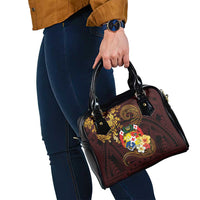 Tonga Ngatu and Hibiscus with Polynesian Tattoo Shoulder Handbag Gold and Oxblood Color