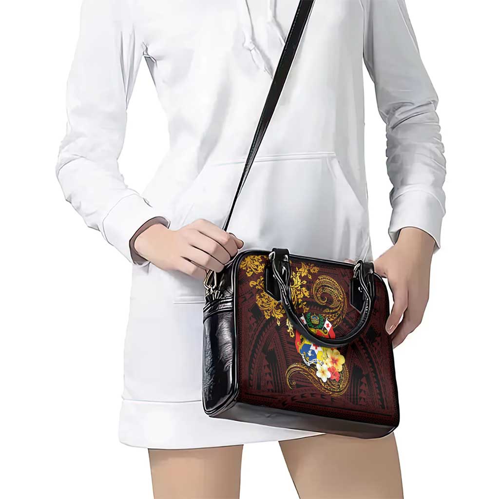Tonga Ngatu and Hibiscus with Polynesian Tattoo Shoulder Handbag Gold and Oxblood Color