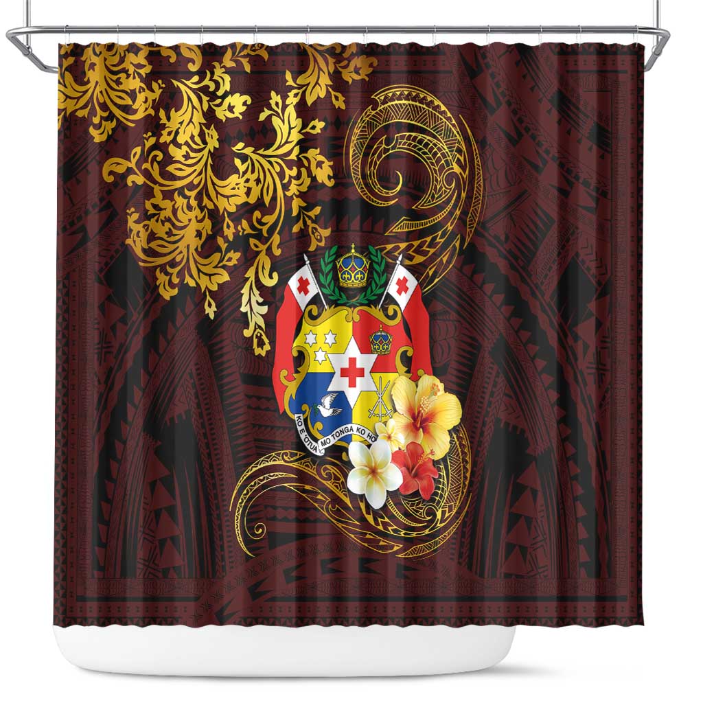 Tonga Ngatu and Hibiscus with Polynesian Tattoo Shower Curtain Gold and Oxblood Color LT03 Oxblood - Polynesian Pride