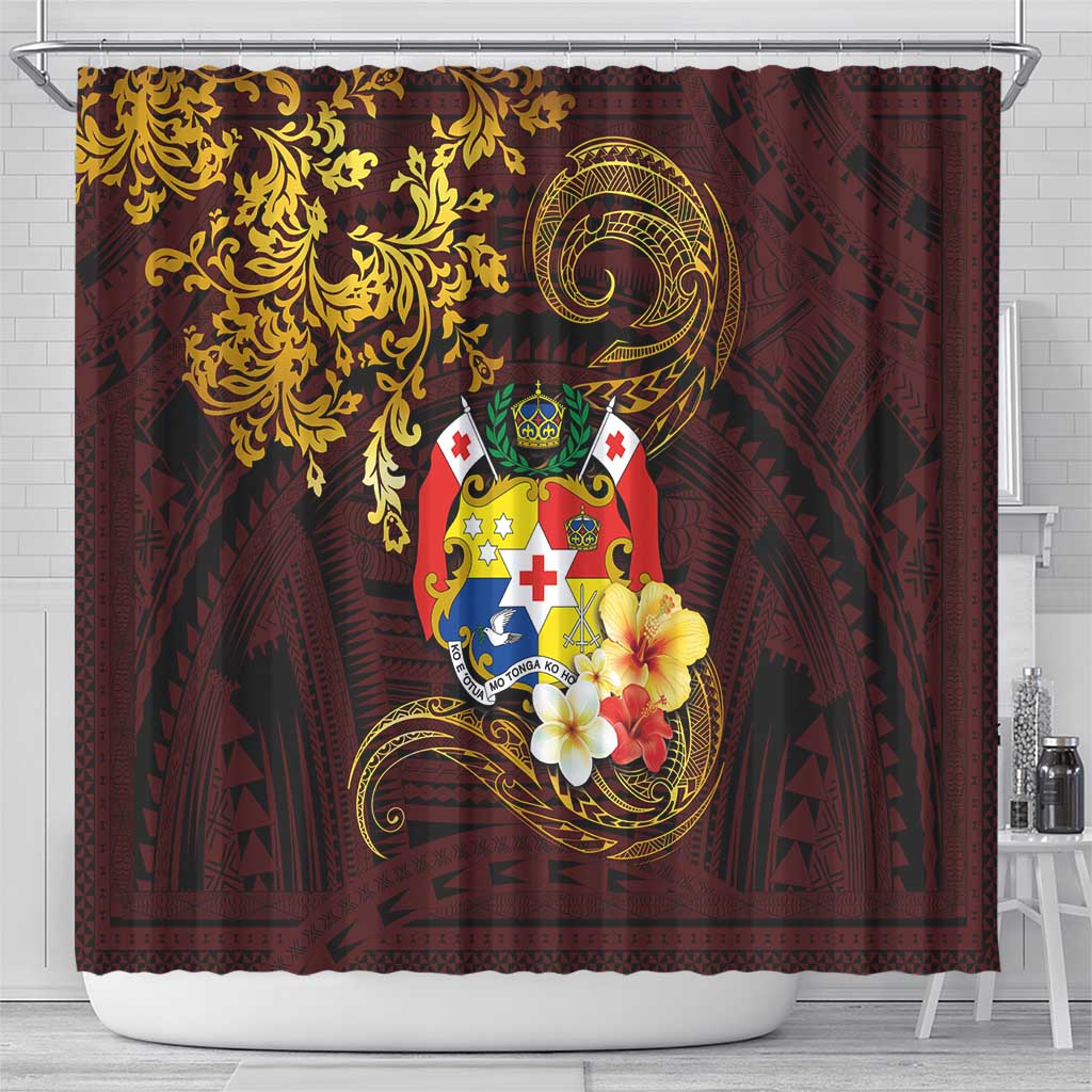 Tonga Ngatu and Hibiscus with Polynesian Tattoo Shower Curtain Gold and Oxblood Color LT03 - Polynesian Pride