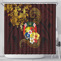 Tonga Ngatu and Hibiscus with Polynesian Tattoo Shower Curtain Gold and Oxblood Color LT03 - Polynesian Pride