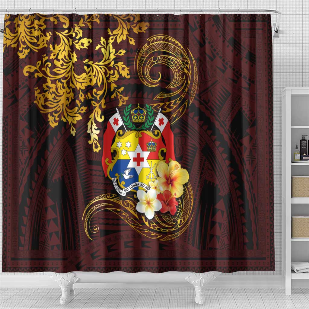 Tonga Ngatu and Hibiscus with Polynesian Tattoo Shower Curtain Gold and Oxblood Color LT03 - Polynesian Pride