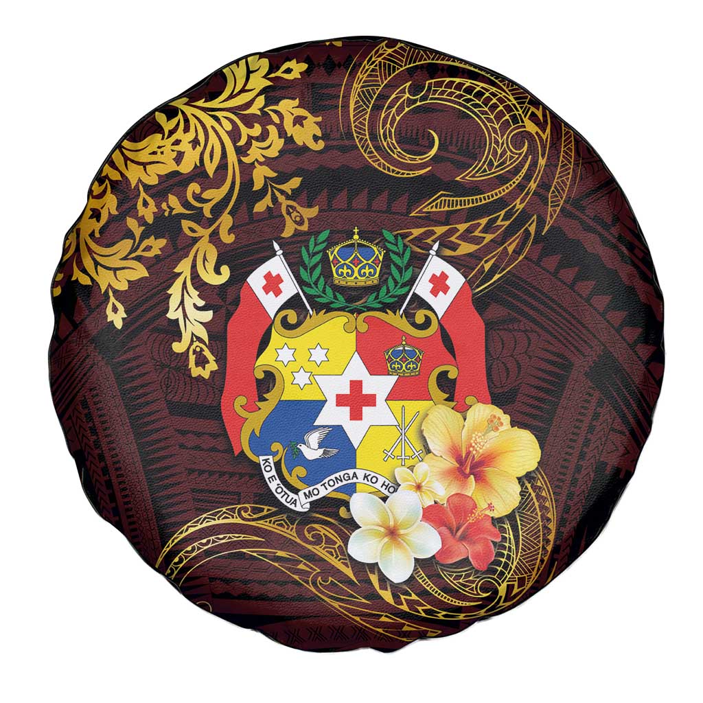 Tonga Ngatu and Hibiscus with Polynesian Tattoo Spare Tire Cover Gold and Oxblood Color LT03 - Polynesian Pride