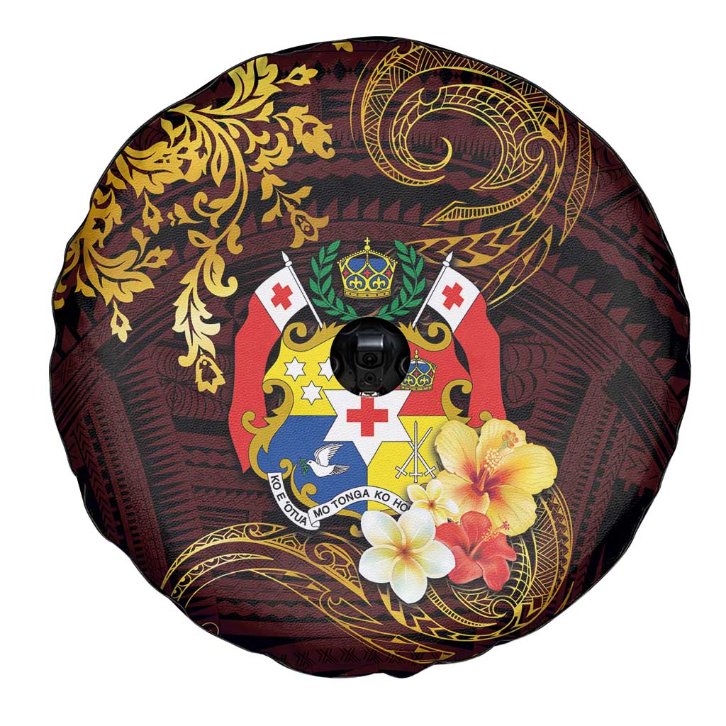 Tonga Ngatu and Hibiscus with Polynesian Tattoo Spare Tire Cover Gold and Oxblood Color LT03 - Polynesian Pride