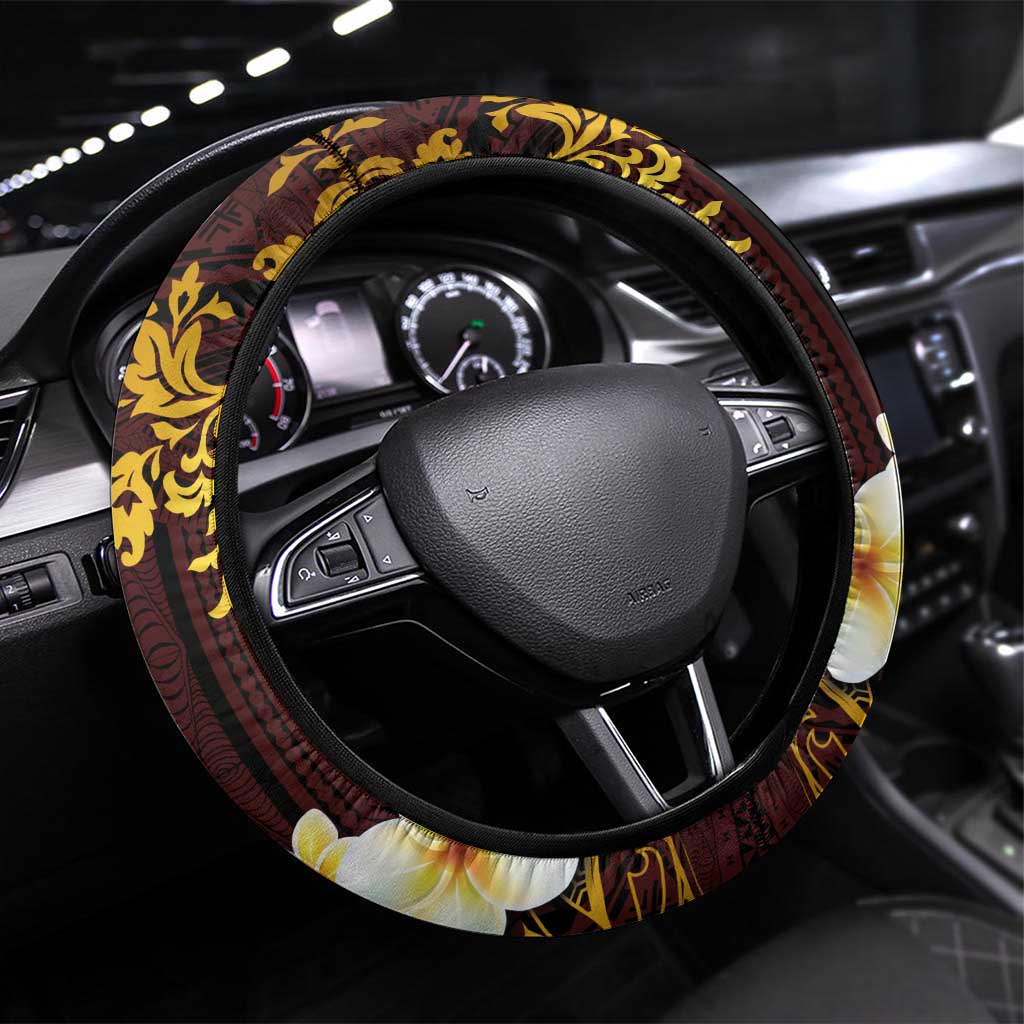 Tonga Ngatu and Hibiscus with Polynesian Tattoo Steering Wheel Cover Gold and Oxblood Color LT03 Universal Fit Oxblood - Polynesian Pride