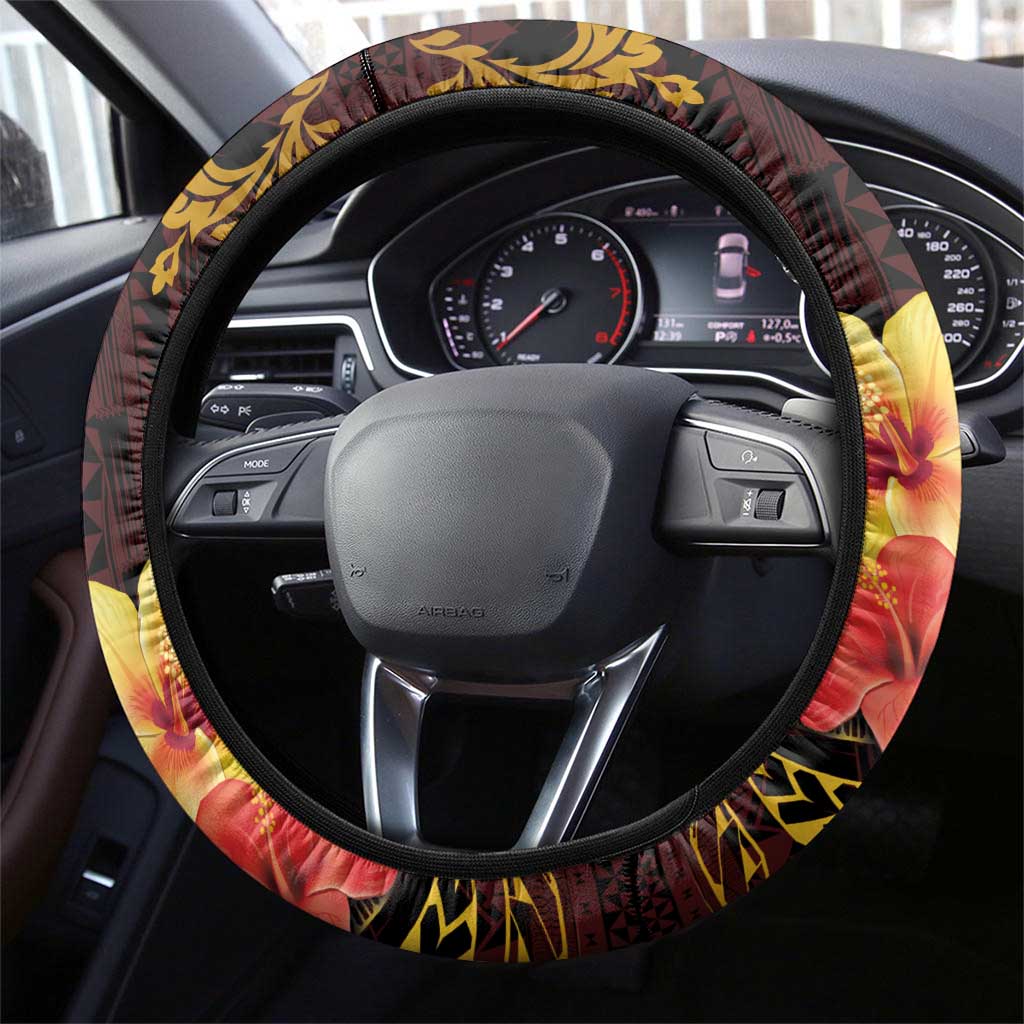 Tonga Ngatu and Hibiscus with Polynesian Tattoo Steering Wheel Cover Gold and Oxblood Color LT03 - Polynesian Pride