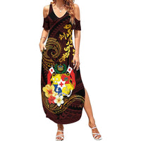 Tonga Ngatu and Hibiscus with Polynesian Tattoo Summer Maxi Dress Gold and Oxblood Color LT03 Women Oxblood - Polynesian Pride