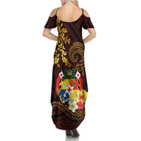Tonga Ngatu and Hibiscus with Polynesian Tattoo Summer Maxi Dress Gold and Oxblood Color LT03 - Polynesian Pride