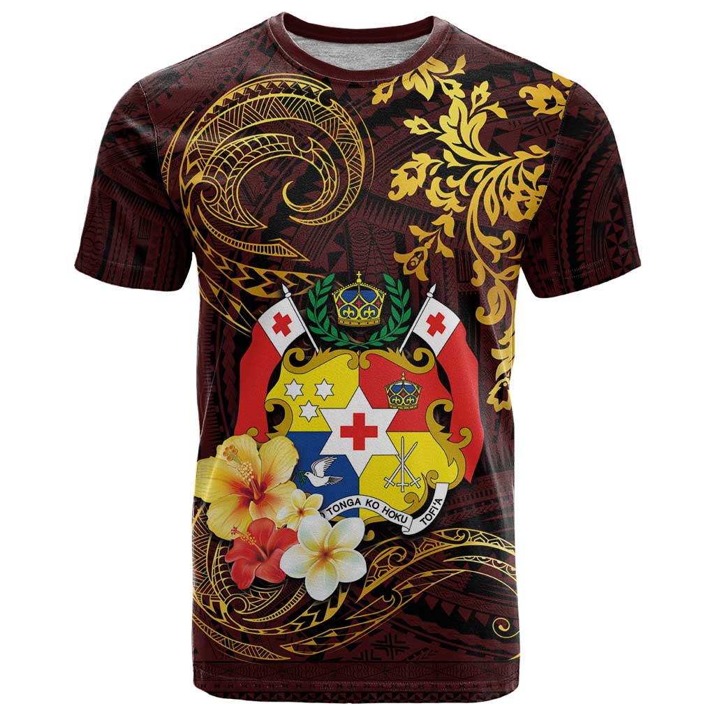 Tonga Ngatu and Hibiscus with Polynesian Tattoo T Shirt Gold and Oxblood Color LT03 Oxblood - Polynesian Pride