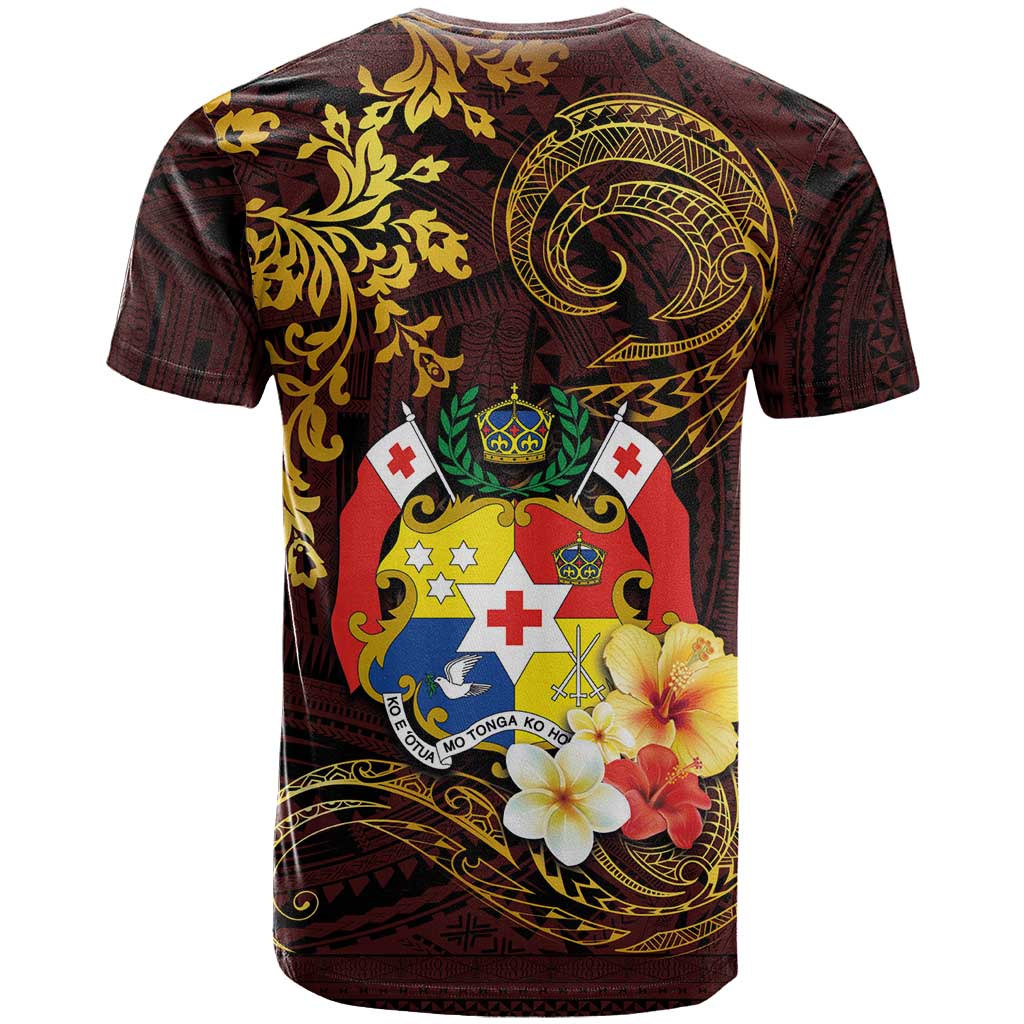 Tonga Ngatu and Hibiscus with Polynesian Tattoo T Shirt Gold and Oxblood Color LT03 - Polynesian Pride