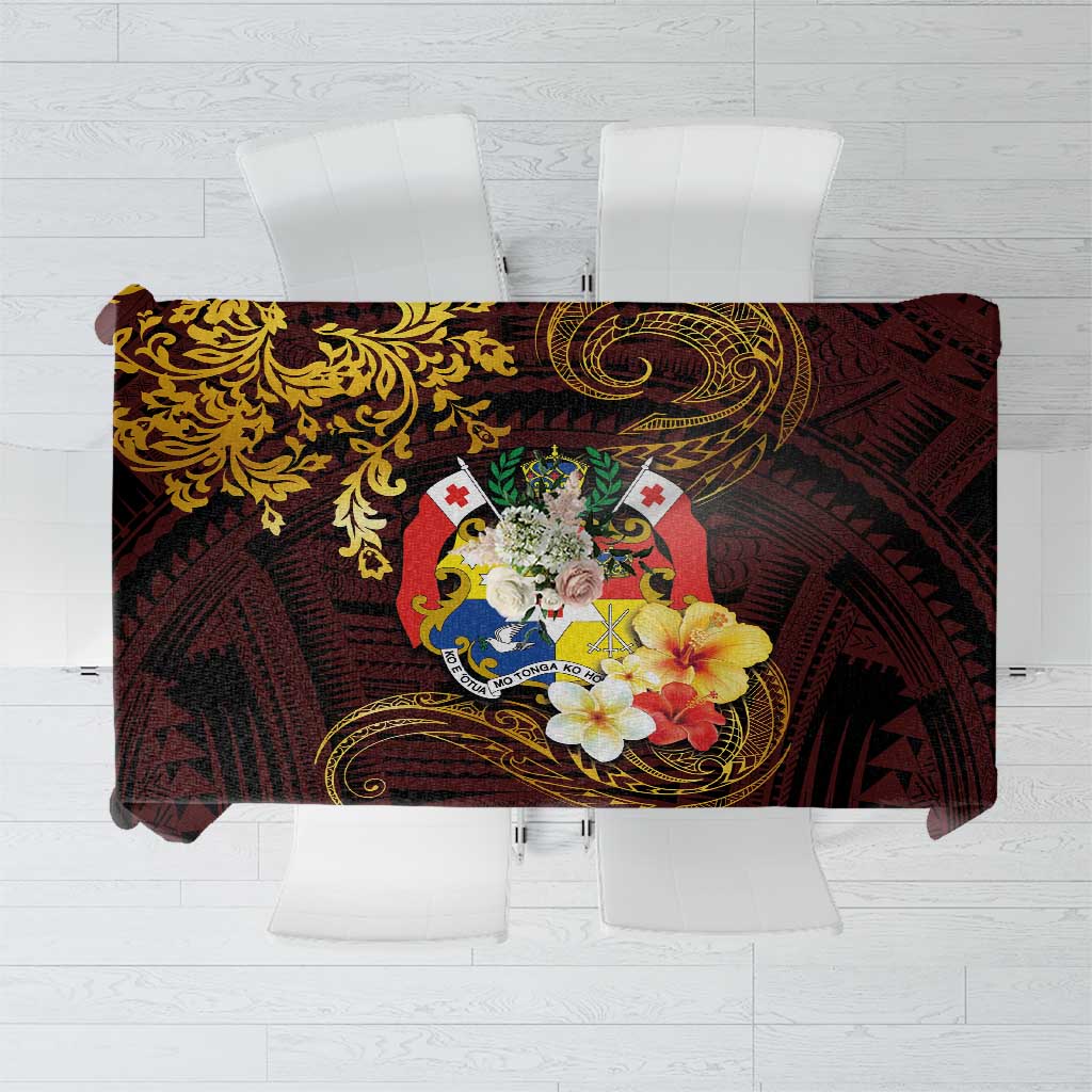 Tonga Ngatu and Hibiscus with Polynesian Tattoo Tablecloth Gold and Oxblood Color LT03 Oxblood - Polynesian Pride