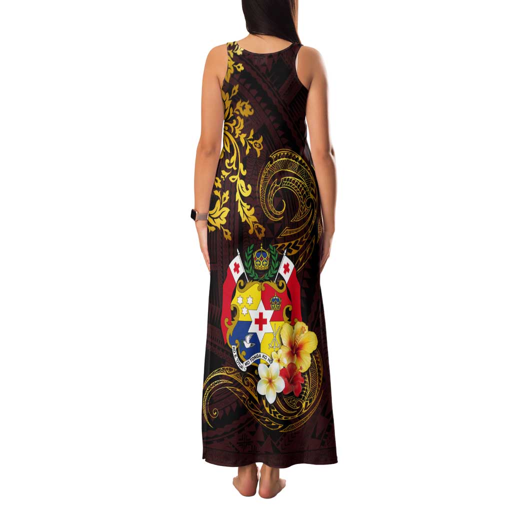 Tonga Ngatu and Hibiscus with Polynesian Tattoo Tank Maxi Dress Gold and Oxblood Color LT03 - Polynesian Pride