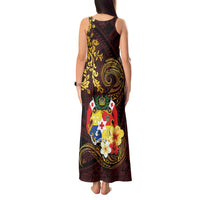 Tonga Ngatu and Hibiscus with Polynesian Tattoo Tank Maxi Dress Gold and Oxblood Color LT03 - Polynesian Pride