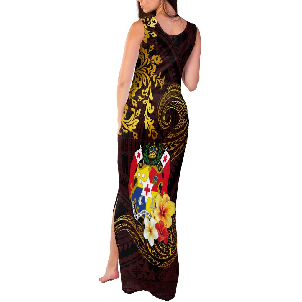 Tonga Ngatu and Hibiscus with Polynesian Tattoo Tank Maxi Dress Gold and Oxblood Color LT03 - Polynesian Pride