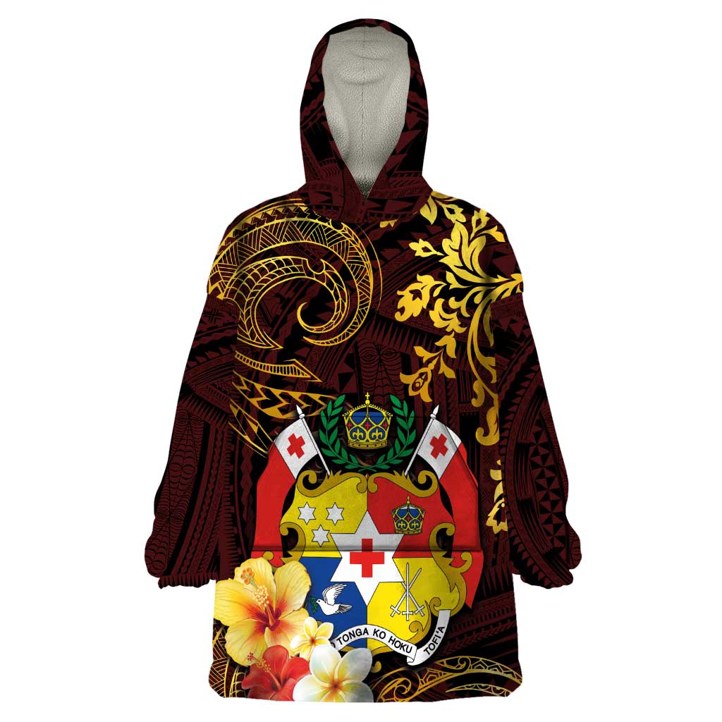 Tonga Ngatu and Hibiscus with Polynesian Tattoo Wearable Blanket Hoodie Gold and Oxblood Color LT03 One Size Oxblood - Polynesian Pride