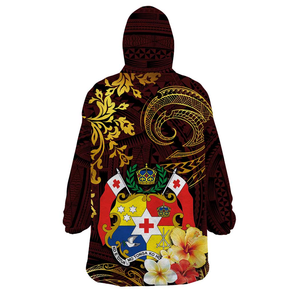 Tonga Ngatu and Hibiscus with Polynesian Tattoo Wearable Blanket Hoodie Gold and Oxblood Color LT03 - Polynesian Pride