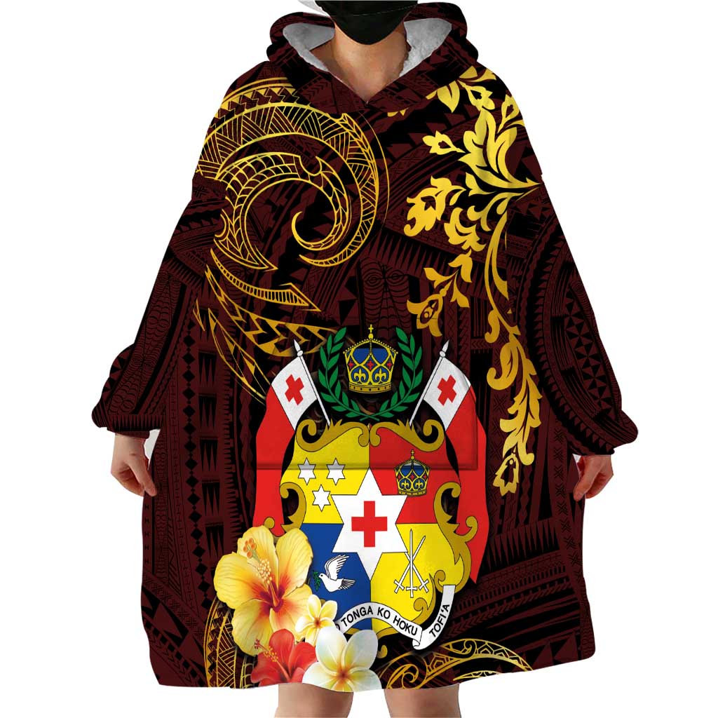 Tonga Ngatu and Hibiscus with Polynesian Tattoo Wearable Blanket Hoodie Gold and Oxblood Color LT03 - Polynesian Pride