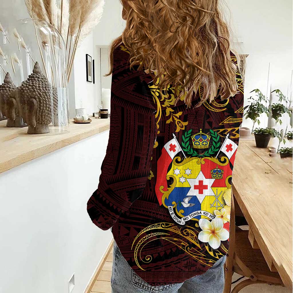 Tonga Ngatu and Hibiscus with Polynesian Tattoo Women Casual Shirt Gold and Oxblood Color LT03 - Polynesian Pride