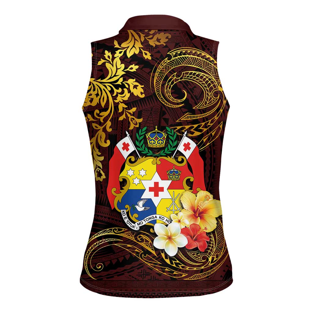 Tonga Ngatu and Hibiscus with Polynesian Tattoo Women Sleeveless Polo Shirt Gold and Oxblood Color LT03 - Polynesian Pride