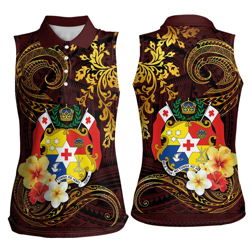 Tonga Ngatu and Hibiscus with Polynesian Tattoo Women Sleeveless Polo Shirt Gold and Oxblood Color LT03 - Polynesian Pride