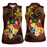 Tonga Ngatu and Hibiscus with Polynesian Tattoo Women Sleeveless Polo Shirt Gold and Oxblood Color LT03 - Polynesian Pride