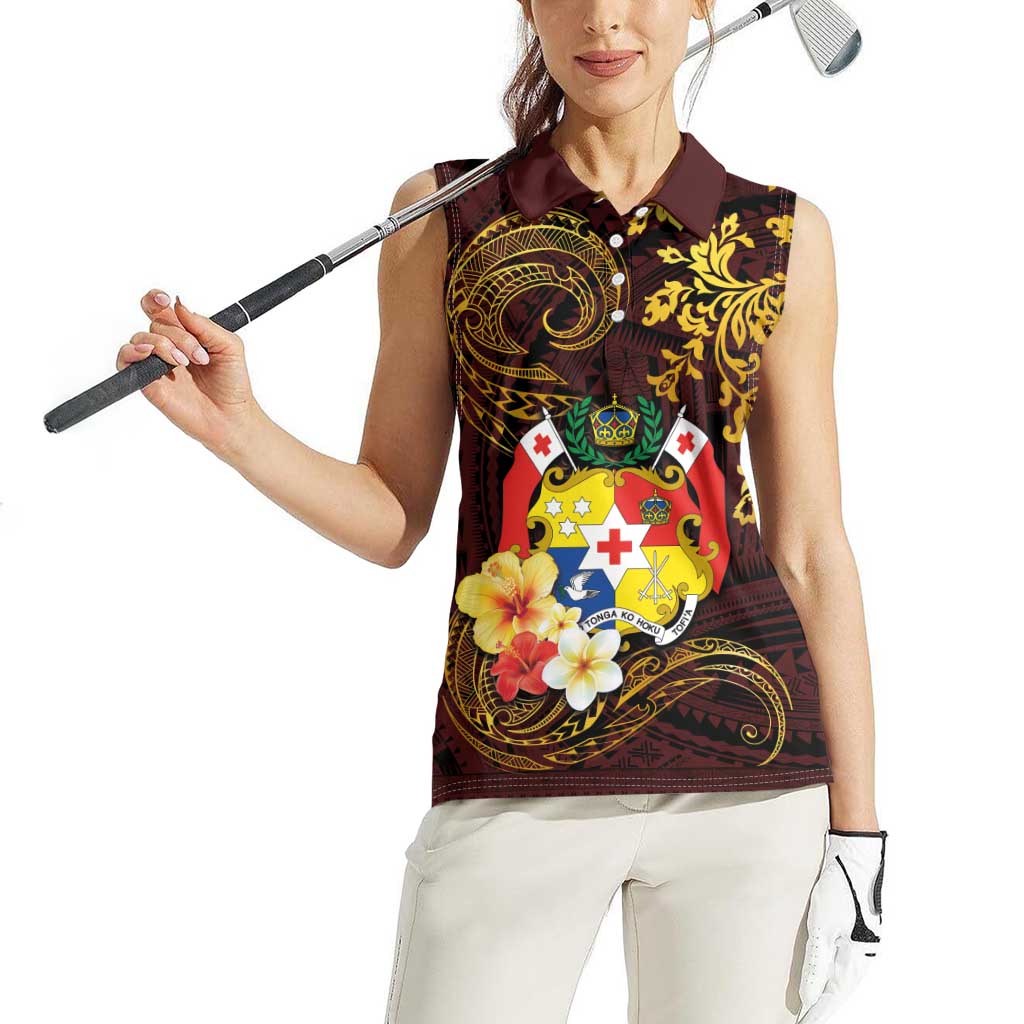 Tonga Ngatu and Hibiscus with Polynesian Tattoo Women Sleeveless Polo Shirt Gold and Oxblood Color LT03 - Polynesian Pride