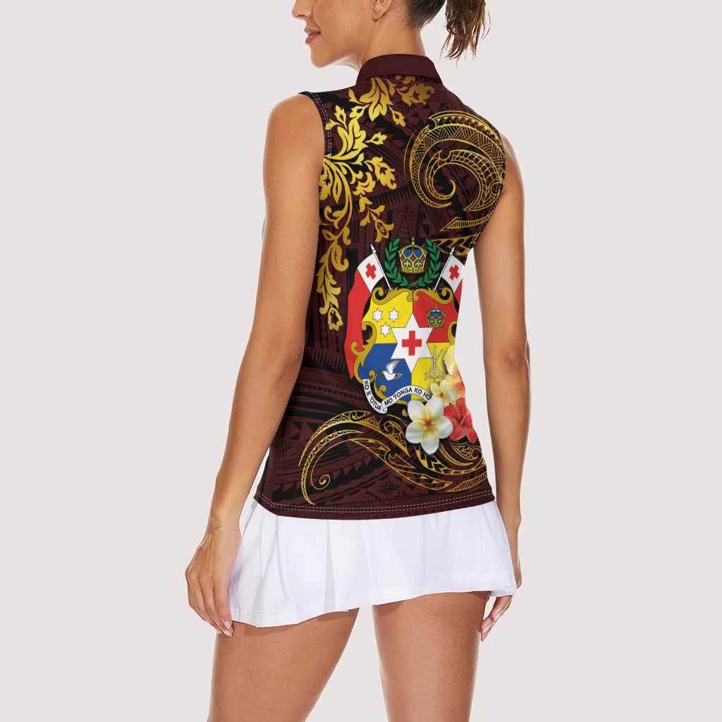Tonga Ngatu and Hibiscus with Polynesian Tattoo Women Sleeveless Polo Shirt Gold and Oxblood Color LT03 - Polynesian Pride
