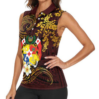 Tonga Ngatu and Hibiscus with Polynesian Tattoo Women Sleeveless Polo Shirt Gold and Oxblood Color LT03 - Polynesian Pride