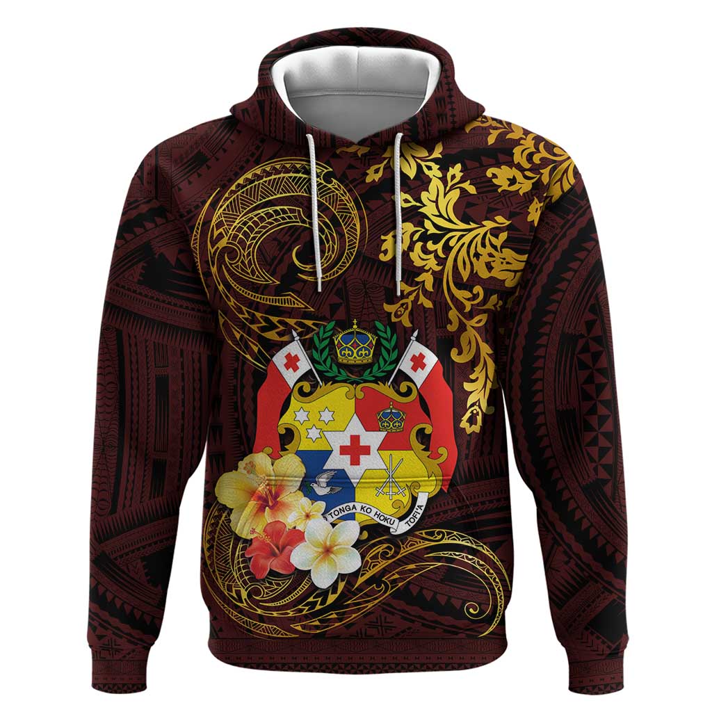 Tonga Ngatu and Hibiscus with Polynesian Tattoo Zip Hoodie Gold and Oxblood Color LT03 Pullover Hoodie Oxblood - Polynesian Pride