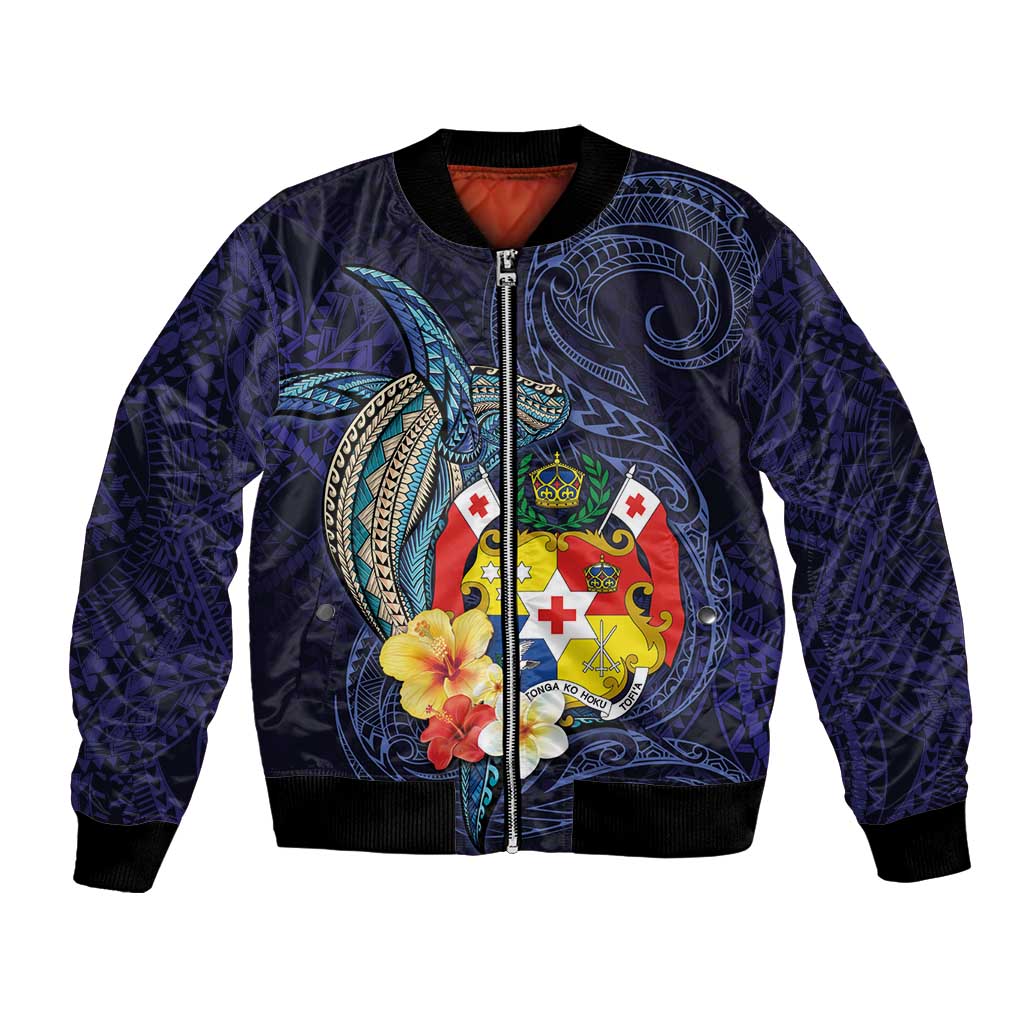Tonga Vava'u Humpback Whale Blue Water Bomber Jacket Polynesian Hibiscus Flowers LT03 Unisex Blue - Polynesian Pride