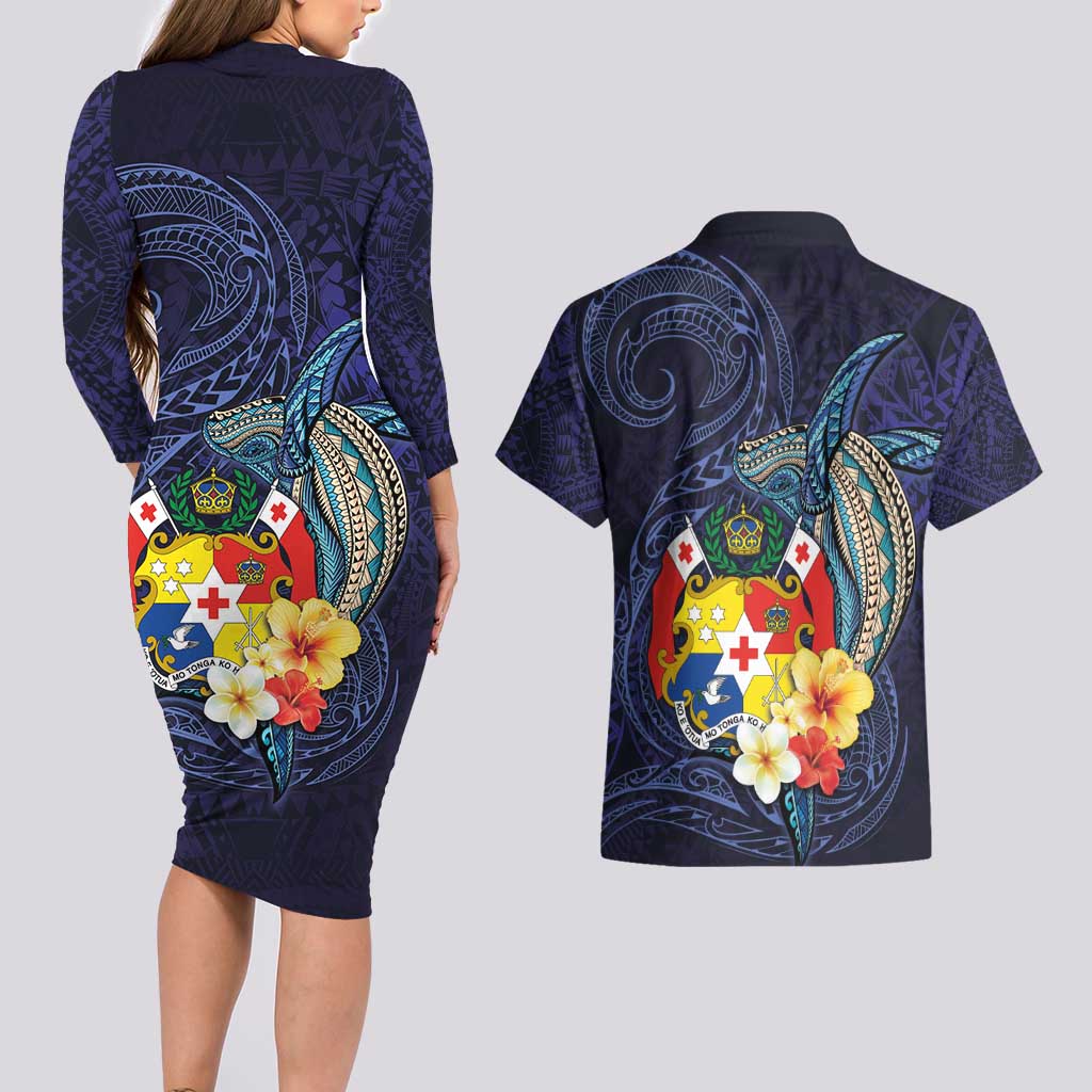 Tonga Vava'u Humpback Whale Blue Water Couples Matching Long Sleeve Bodycon Dress and Hawaiian Shirt Polynesian Hibiscus Flowers LT03 - Polynesian Pride