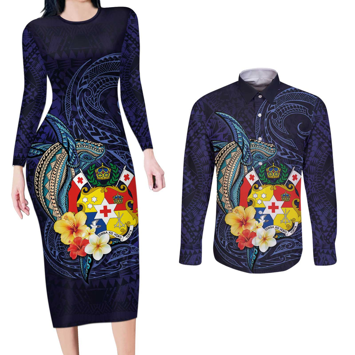 Tonga Vava'u Humpback Whale Blue Water Couples Matching Long Sleeve Bodycon Dress and Long Sleeve Button Shirt Polynesian Hibiscus Flowers LT03 Blue - Polynesian Pride