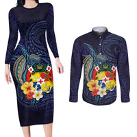 Tonga Vava'u Humpback Whale Blue Water Couples Matching Long Sleeve Bodycon Dress and Long Sleeve Button Shirt Polynesian Hibiscus Flowers LT03 Blue - Polynesian Pride