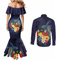 Tonga Vava'u Humpback Whale Blue Water Couples Matching Mermaid Dress and Long Sleeve Button Shirt Polynesian Hibiscus Flowers LT03 - Polynesian Pride