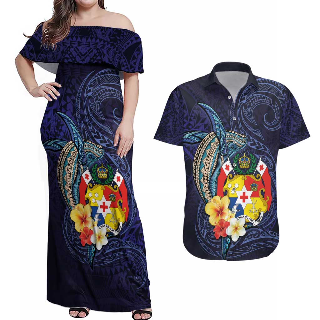 Tonga Vava'u Humpback Whale Blue Water Couples Matching Off Shoulder Maxi Dress and Hawaiian Shirt Polynesian Hibiscus Flowers LT03 Blue - Polynesian Pride