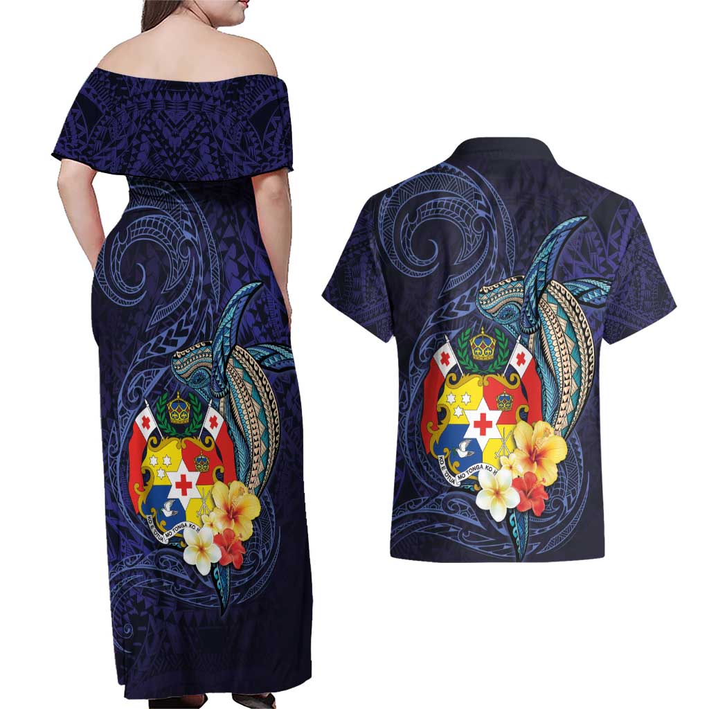 Tonga Vava'u Humpback Whale Blue Water Couples Matching Off Shoulder Maxi Dress and Hawaiian Shirt Polynesian Hibiscus Flowers LT03 - Polynesian Pride