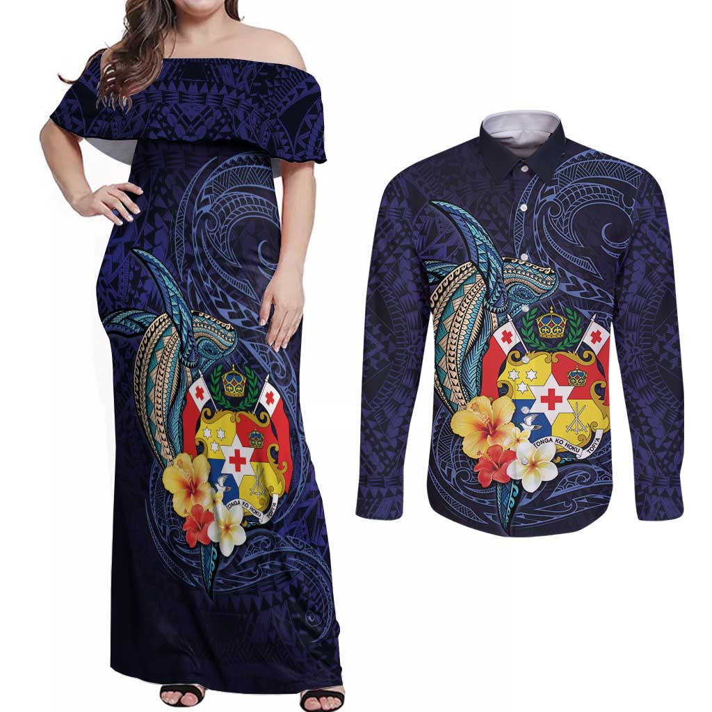 Tonga Vava'u Humpback Whale Blue Water Couples Matching Off Shoulder Maxi Dress and Long Sleeve Button Shirt Polynesian Hibiscus Flowers LT03 Blue - Polynesian Pride