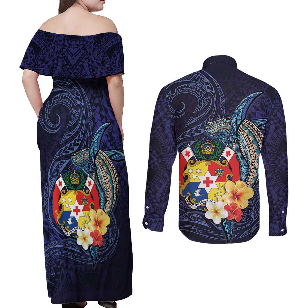 Tonga Vava'u Humpback Whale Blue Water Couples Matching Off Shoulder Maxi Dress and Long Sleeve Button Shirt Polynesian Hibiscus Flowers LT03 - Polynesian Pride