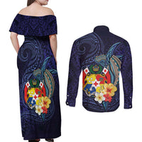 Tonga Vava'u Humpback Whale Blue Water Couples Matching Off Shoulder Maxi Dress and Long Sleeve Button Shirt Polynesian Hibiscus Flowers LT03 - Polynesian Pride