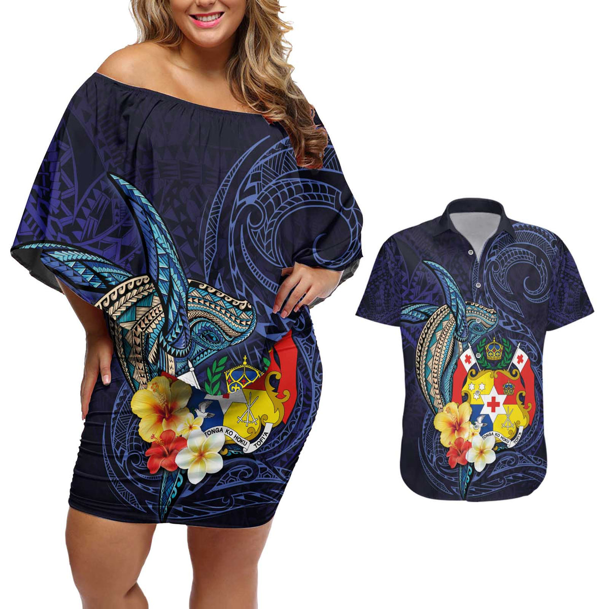 Tonga Vava'u Humpback Whale Blue Water Couples Matching Off Shoulder Short Dress and Hawaiian Shirt Polynesian Hibiscus Flowers LT03 Blue - Polynesian Pride
