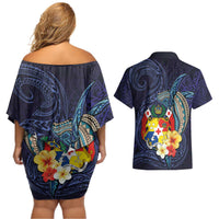 Tonga Vava'u Humpback Whale Blue Water Couples Matching Off Shoulder Short Dress and Hawaiian Shirt Polynesian Hibiscus Flowers LT03 - Polynesian Pride