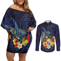 Tonga Vava'u Humpback Whale Blue Water Couples Matching Off Shoulder Short Dress and Long Sleeve Button Shirt Polynesian Hibiscus Flowers LT03 Blue - Polynesian Pride