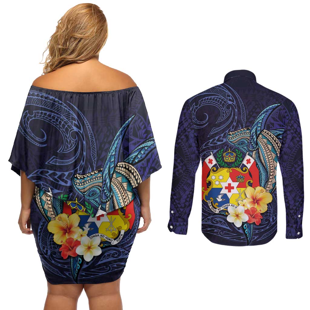Tonga Vava'u Humpback Whale Blue Water Couples Matching Off Shoulder Short Dress and Long Sleeve Button Shirt Polynesian Hibiscus Flowers LT03 - Polynesian Pride
