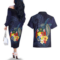 Tonga Vava'u Humpback Whale Blue Water Couples Matching Off The Shoulder Long Sleeve Dress and Hawaiian Shirt Polynesian Hibiscus Flowers LT03 - Polynesian Pride
