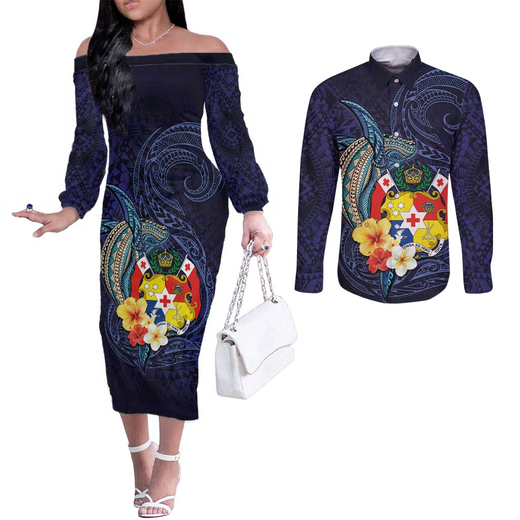 Tonga Vava'u Humpback Whale Blue Water Couples Matching Off The Shoulder Long Sleeve Dress and Long Sleeve Button Shirt Polynesian Hibiscus Flowers LT03 Blue - Polynesian Pride